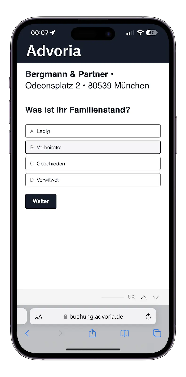 Advoria Fallaufnahme Screenshot auf mobilem Gerät