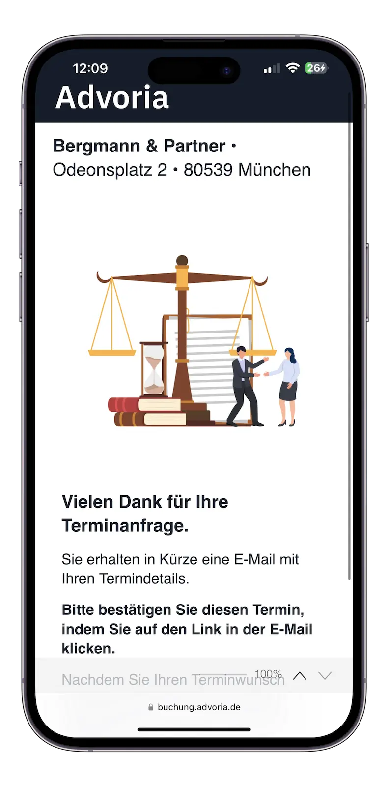 Advoria Terminbestätigung Screenshot auf mobilem Gerät