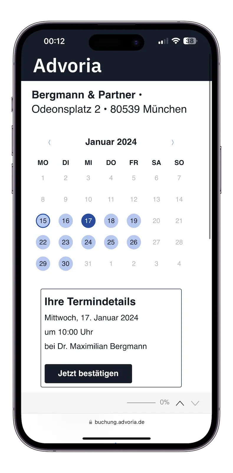 Advoria Terminbuchung für Anwaltskanzleien Screenshot auf mobilem Gerät