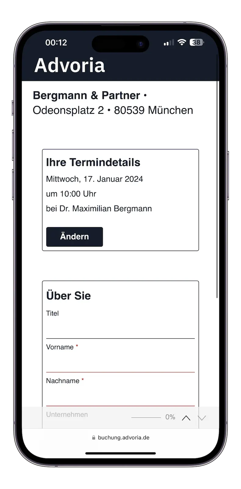 Advoria Termindetails Screenshot auf mobilem Gerät